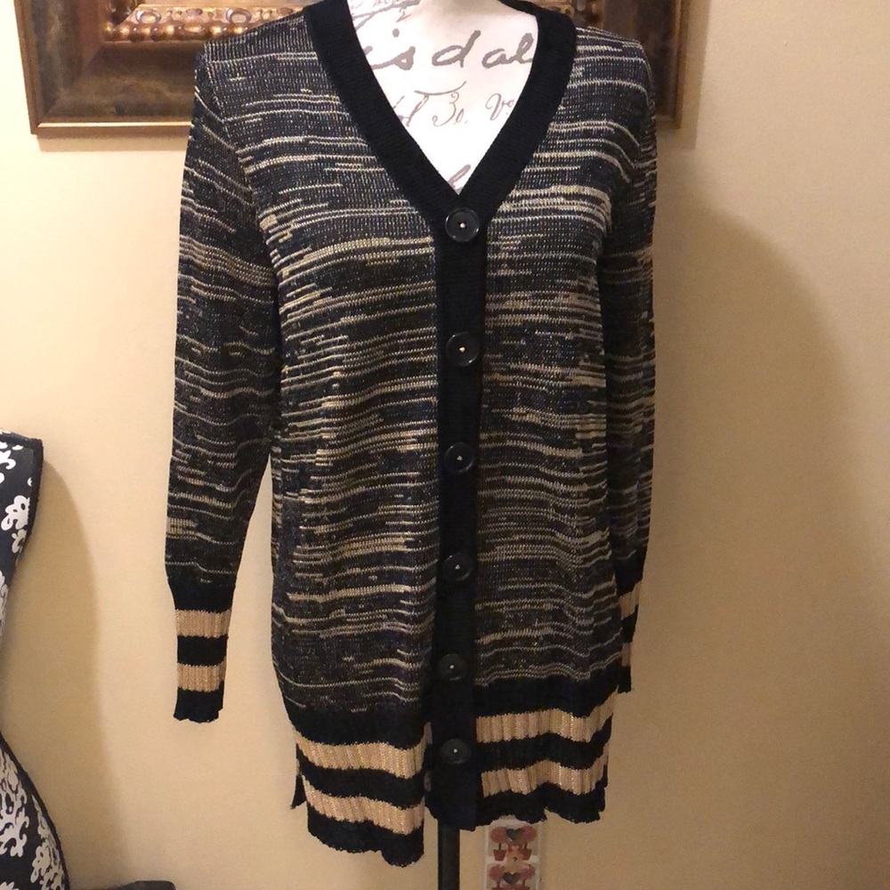 Sportsworks Studio Color block metallic gold threaded in black long cardigan